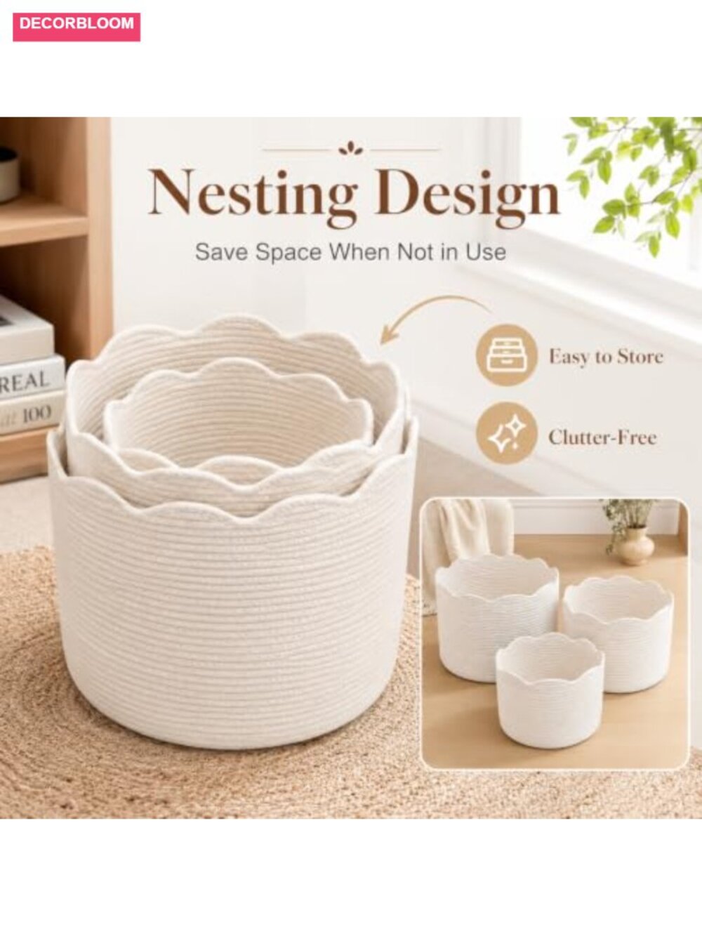Cotton Rope Woven Storage Basket Set of 3 Scallop Edge Boho Nursery Organizer - Picture 4 of 6